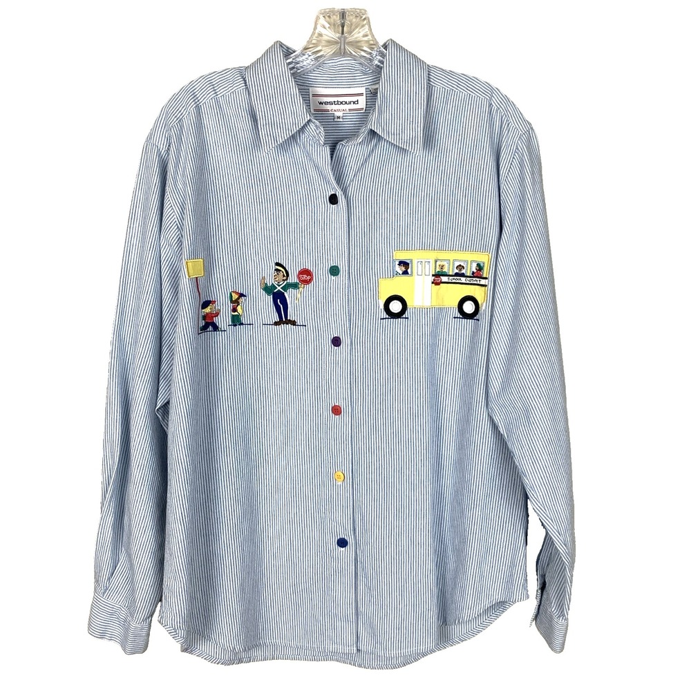 Westbound Casual Vintage Long Sleeve Button Up Shirt School Bus Teacher Womens M